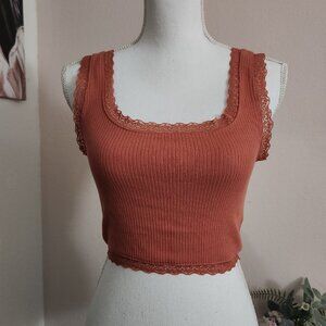 Dark Brick Pink Crop Tank Top Lined with Lace